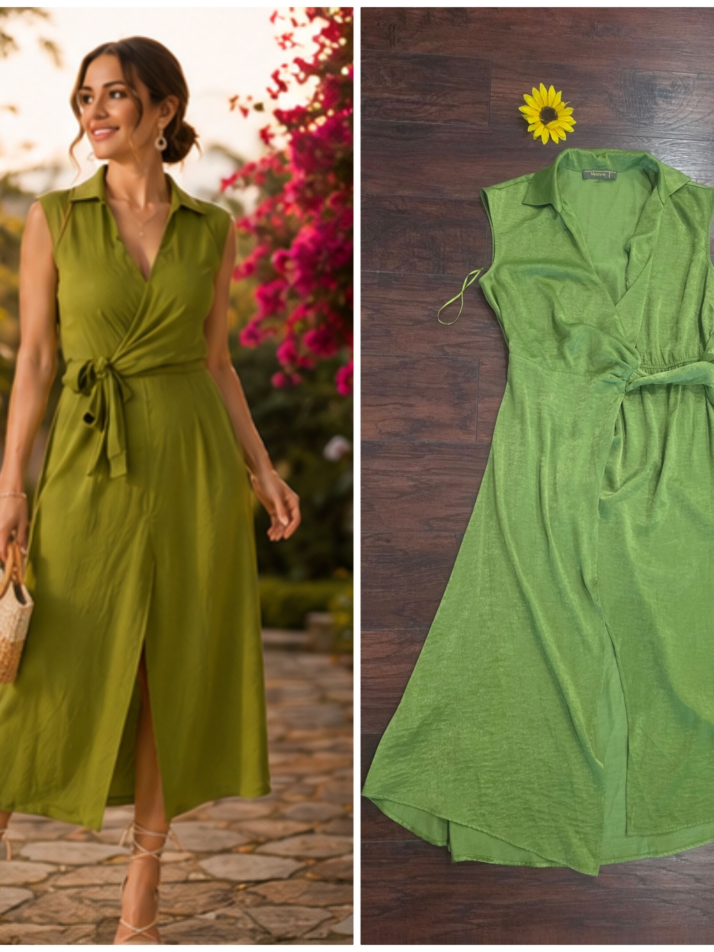 Melonie Sleeveless Olive Green Wrap Midi Dress with Tie Waist